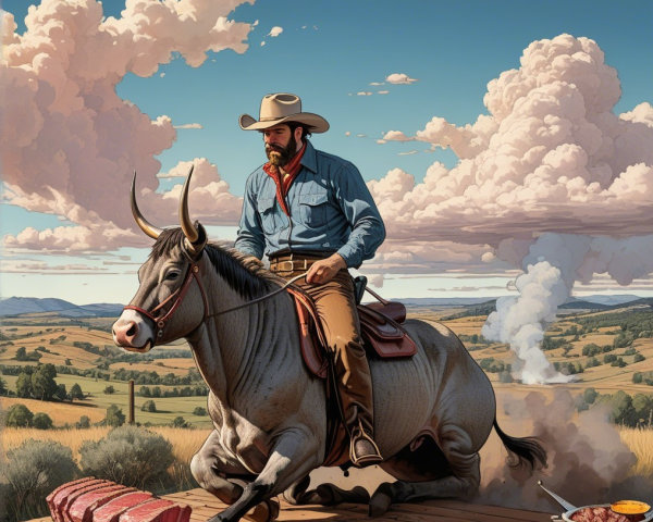 Cowboy Riding Steer with Outdoor Cooking Scene