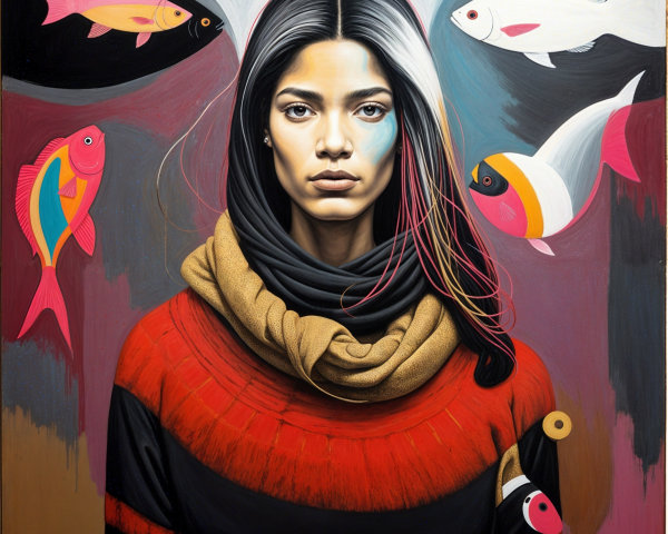 Portrait of a Woman with Fish in Vibrant Colors