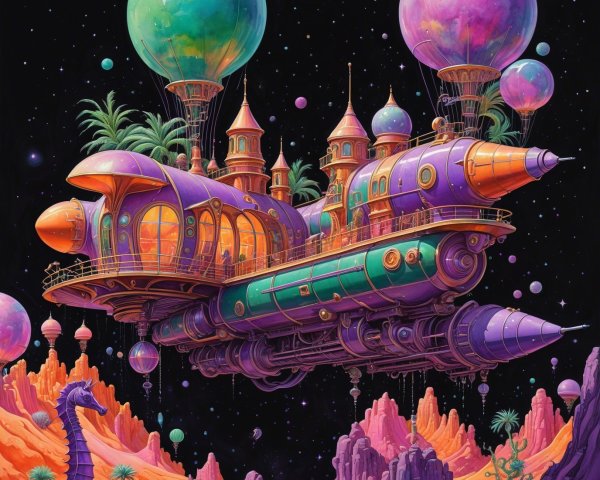 Whimsical Spaceship in a Surreal Cosmic Landscape