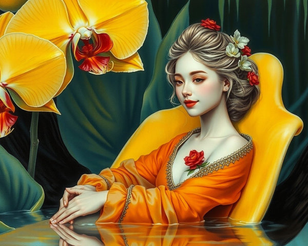 Serene Young Woman in Tropical Setting with Orchids