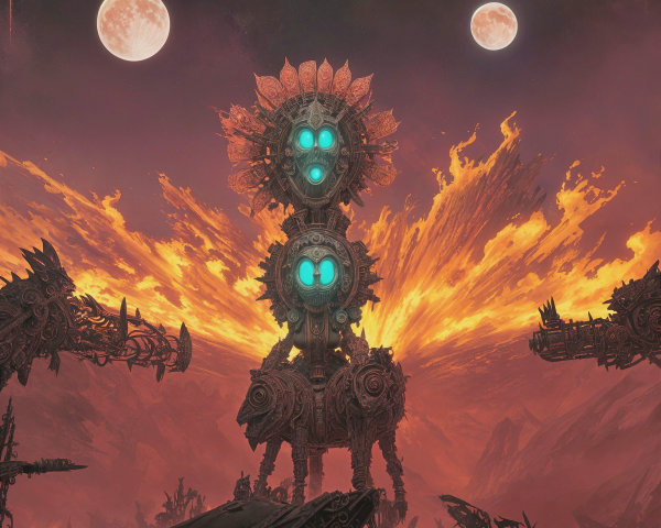 Towering Structure in Fiery Landscape with Moons
