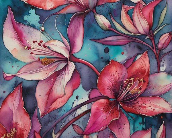 Vibrant Floral Painting of Lilies on Turquoise Background