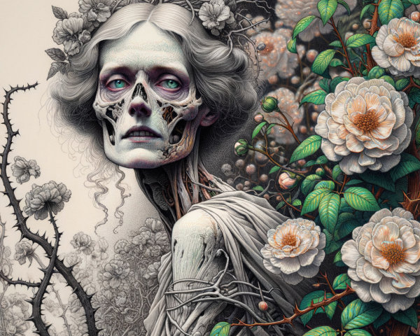 Haunting Figure with Skeletal Face and Floral Elements