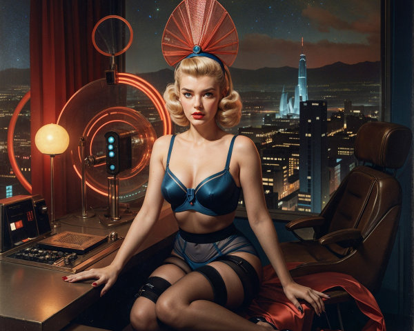 Futuristic Woman in Retro Attire at Control Desk