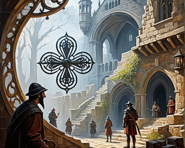Medieval Courtyard with Gothic Architecture and Figures