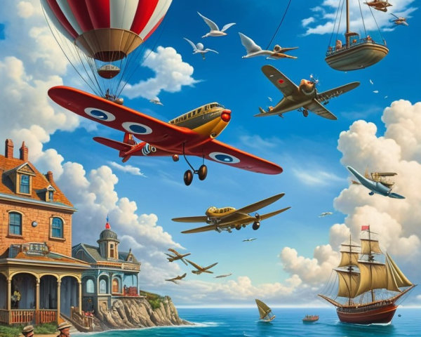 Whimsical Seaside Scene with Vintage Vehicles and Promenade