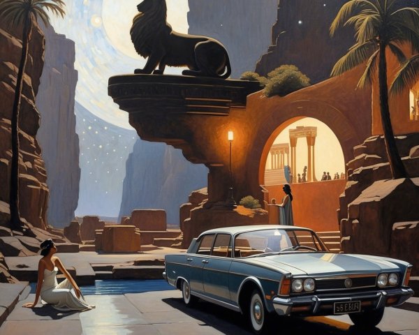 Classic car by stream with woman and lion statue