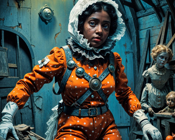 Eerie Room with Vintage Dolls and Dramatic Model