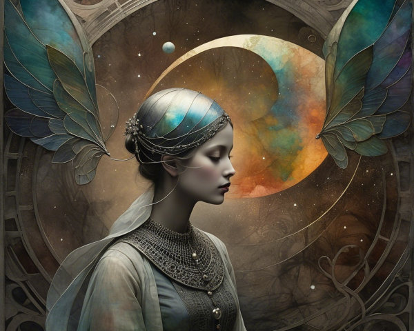 Serene woman with butterfly wings in cosmic setting