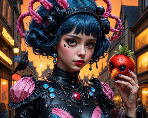 Whimsical Character in Gothic Outfit at Sunset Street