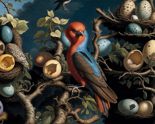 Vibrant Bird on Branch with Colorful Nests and Eggs