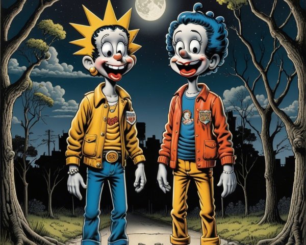 Vibrant Cartoon Characters on a Moonlit Path
