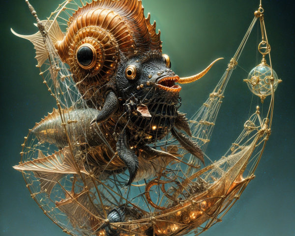 Steampunk Fish with Mechanical Details and Orbs