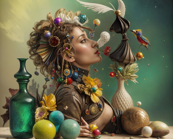 Colorful Accessories and Whimsical Floral Setting