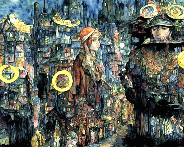 Dreamlike Cityscape with Colorful Buildings and Characters