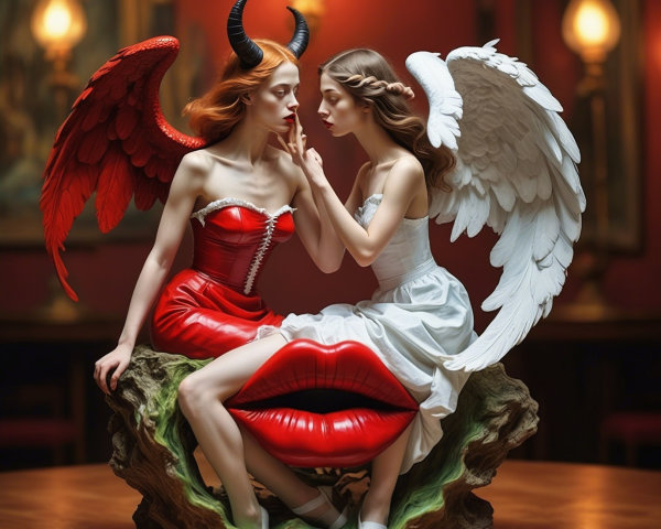 Contrast of Devil and Angel Figures on Oversized Lips