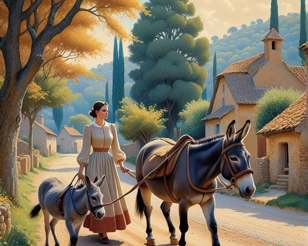 Serene Countryside Scene with Woman and Donkeys