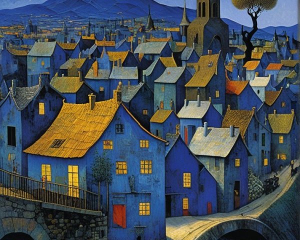 Surreal Landscape with Quaint Town and River Scene