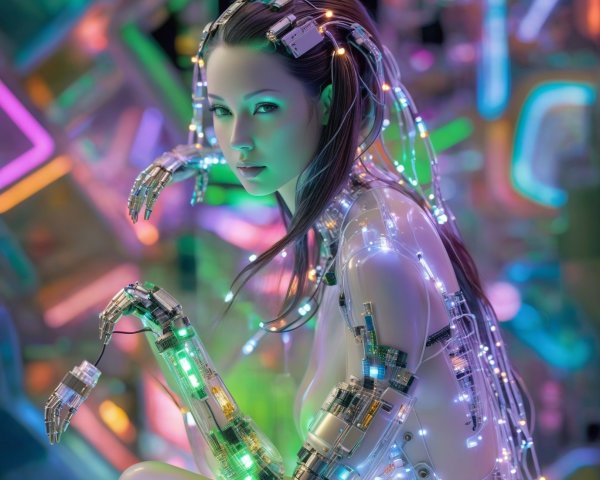 Futuristic humanoid figure with translucent skin and LEDs