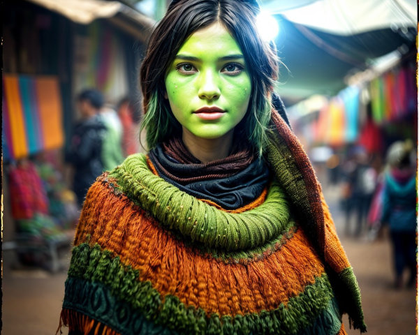 Young woman in colorful market with artistic expression