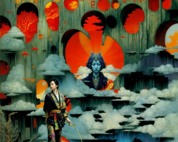 Mystical Figure in Ornate Kimono in Surreal Landscape