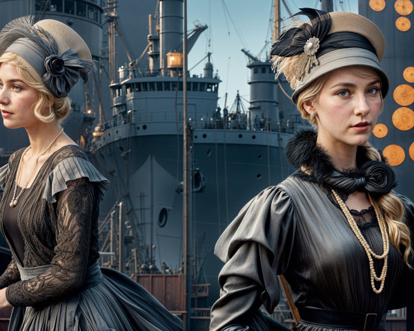 Vintage Fashion of Two Women by Historic Ship