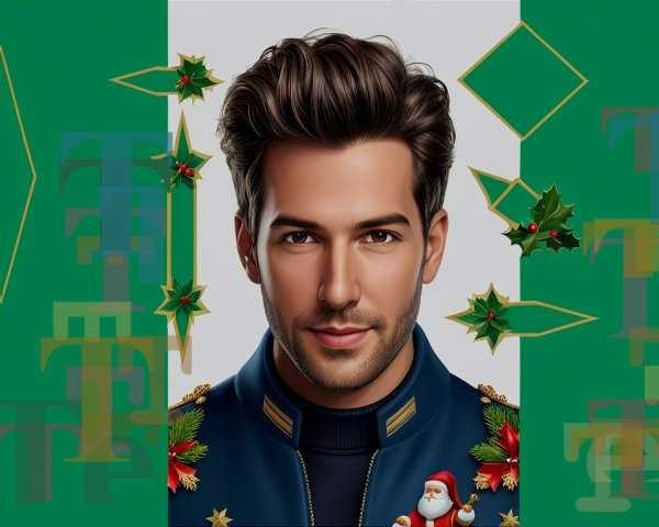 Young man in festive navy jacket with holiday motifs