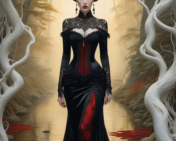 Mystical Forest Figure in Elegant Black Gown