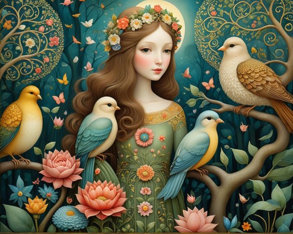 Young Woman in Floral Crown in Enchanted Forest