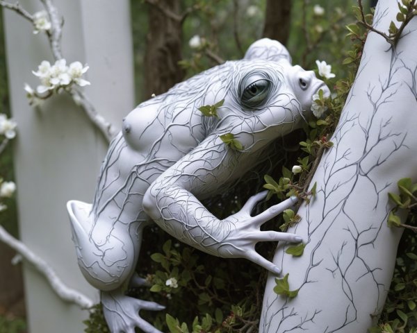 Surreal Sculpture of Frog with Human Features in Nature