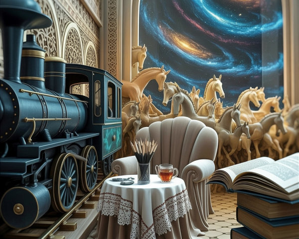 Cozy room with vintage train model and galaxy view