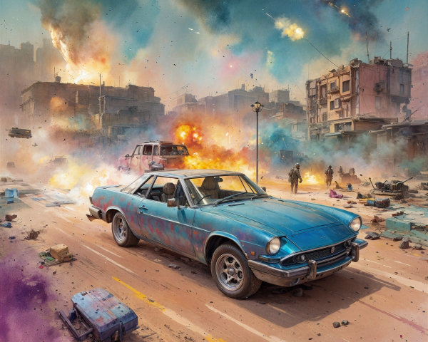 Classic Blue Sports Car in Chaotic Urban Landscape