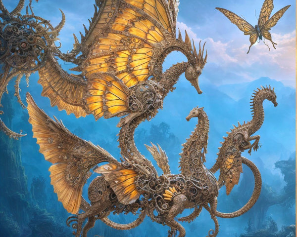 Fantasy Steampunk Dragons with Ornate Wings in Sky
