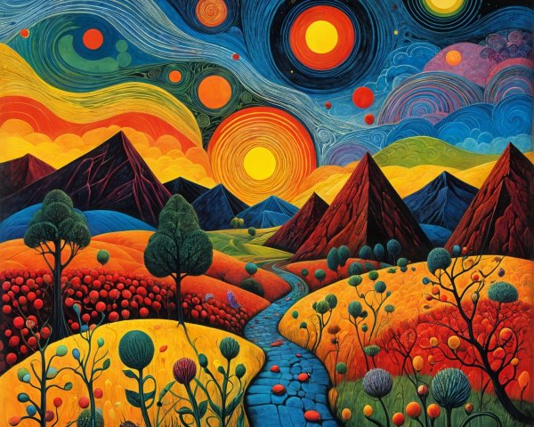 Vibrant Landscape with Swirling Skies and Mountains