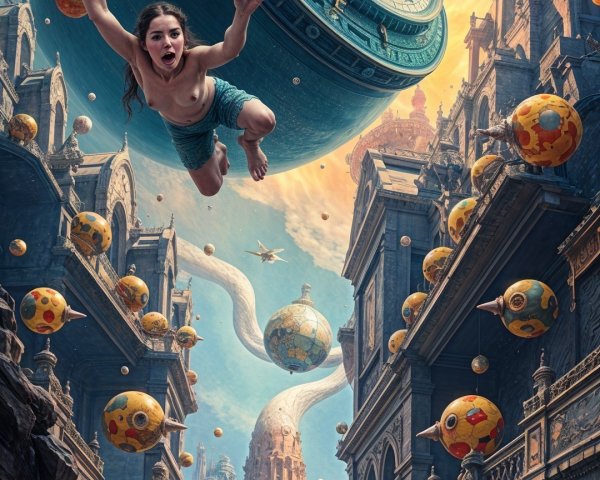Surreal Landscape with Boy Leaping from Giant Clock