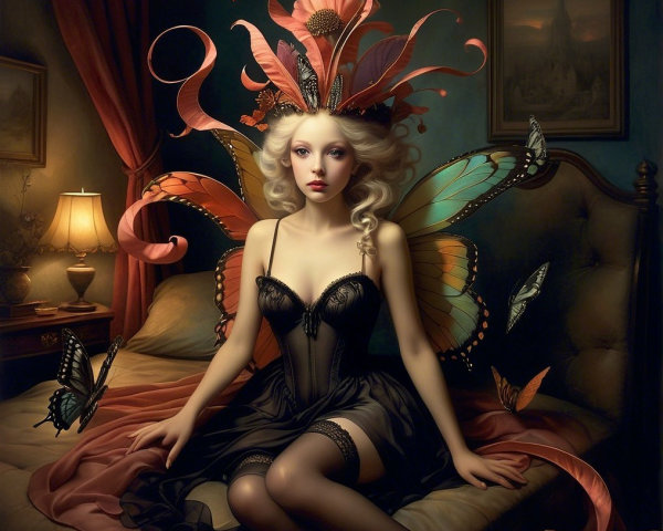 Whimsical Scene of Woman with Butterfly Wings