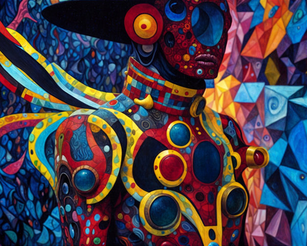 Vibrant Abstract Figure with Intricate Patterns and Colors