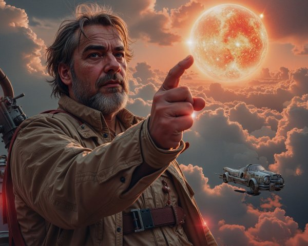 Man Pointing at Glowing Sun with Vintage Car in Sky