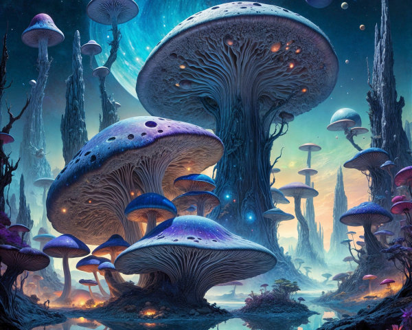 Surreal Landscape with Luminescent Mushrooms and Water