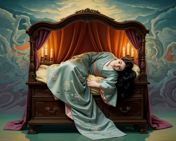 Woman in Blue Kimono in Serene Bedroom Setting