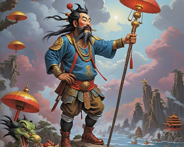 Majestic Figure on Cliff with Traditional Attire and Staff