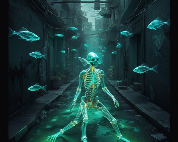 Glowing Skeleton in a Surreal Alleyway with Fish