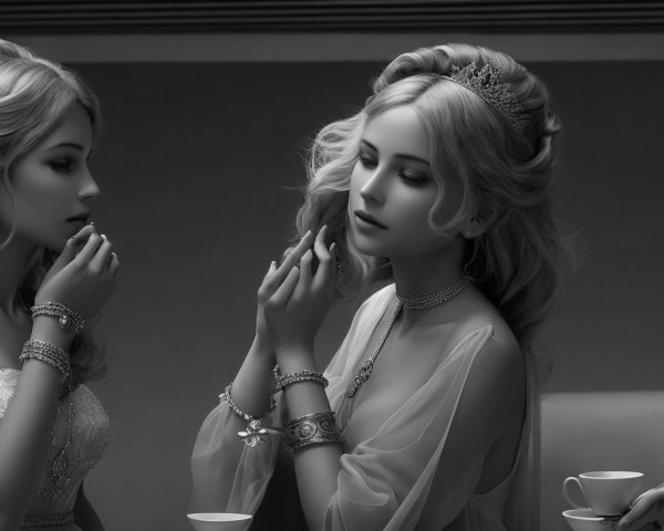 Elegant Women in Black-and-White Intimate Setting