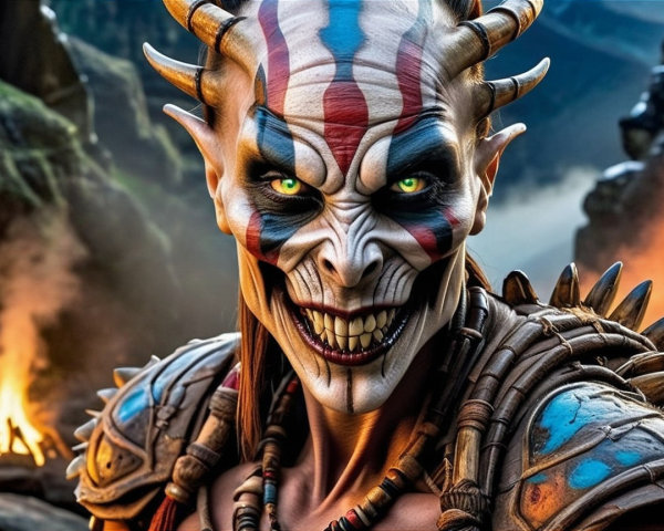 Fierce Warrior with Tribal Face Paint and Horns