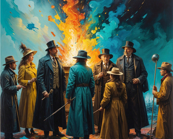 Elegantly Dressed Individuals Gather Around Fire Scene
