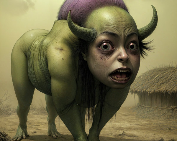 Surreal Green Creature in Misty Landscape