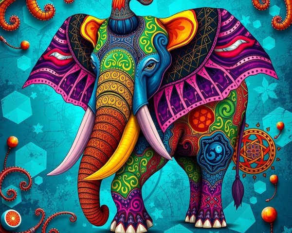 Colorful Elephant with Intricate Patterns on Teal Background