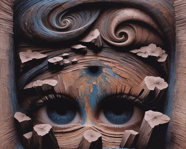 Abstract Composition with Large Eyes and Textured Swirls