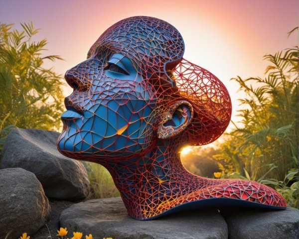 Sculpture of Human Head with Lattice Design in Nature