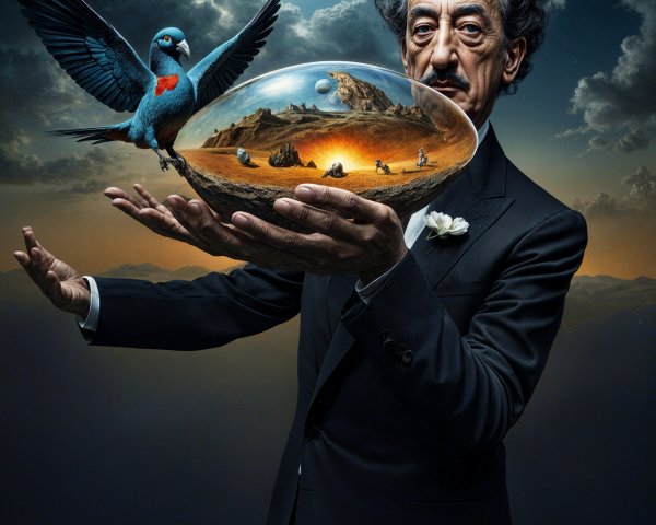 Surreal Scene of Man with Glass Sphere and Bird